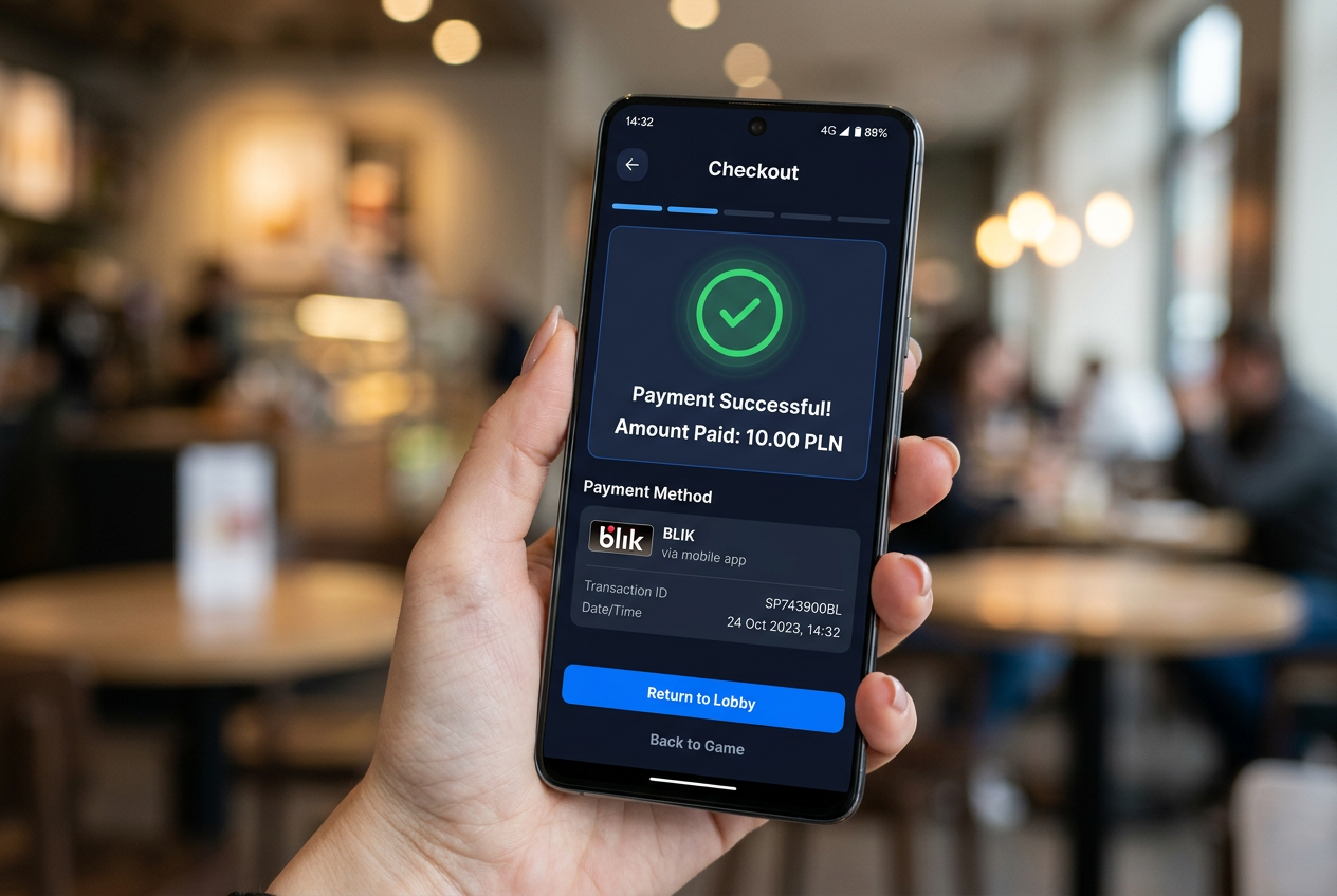 High-end mobile phone showing a clean casino checkout page with BLIK logo and a 10 PLN payment success message