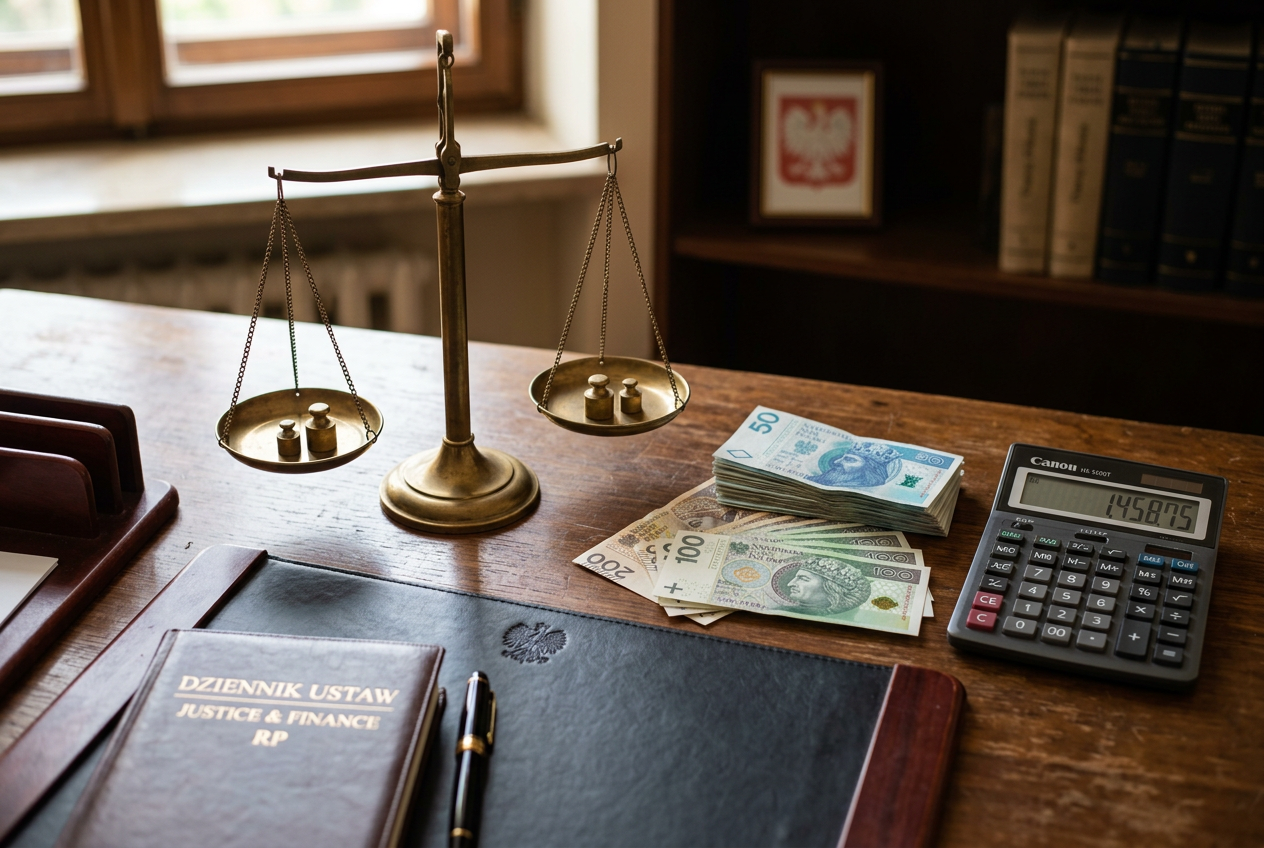 Waga sprawiedliwości obok polskich banknotów i kalkulatora na drewnianym biurku