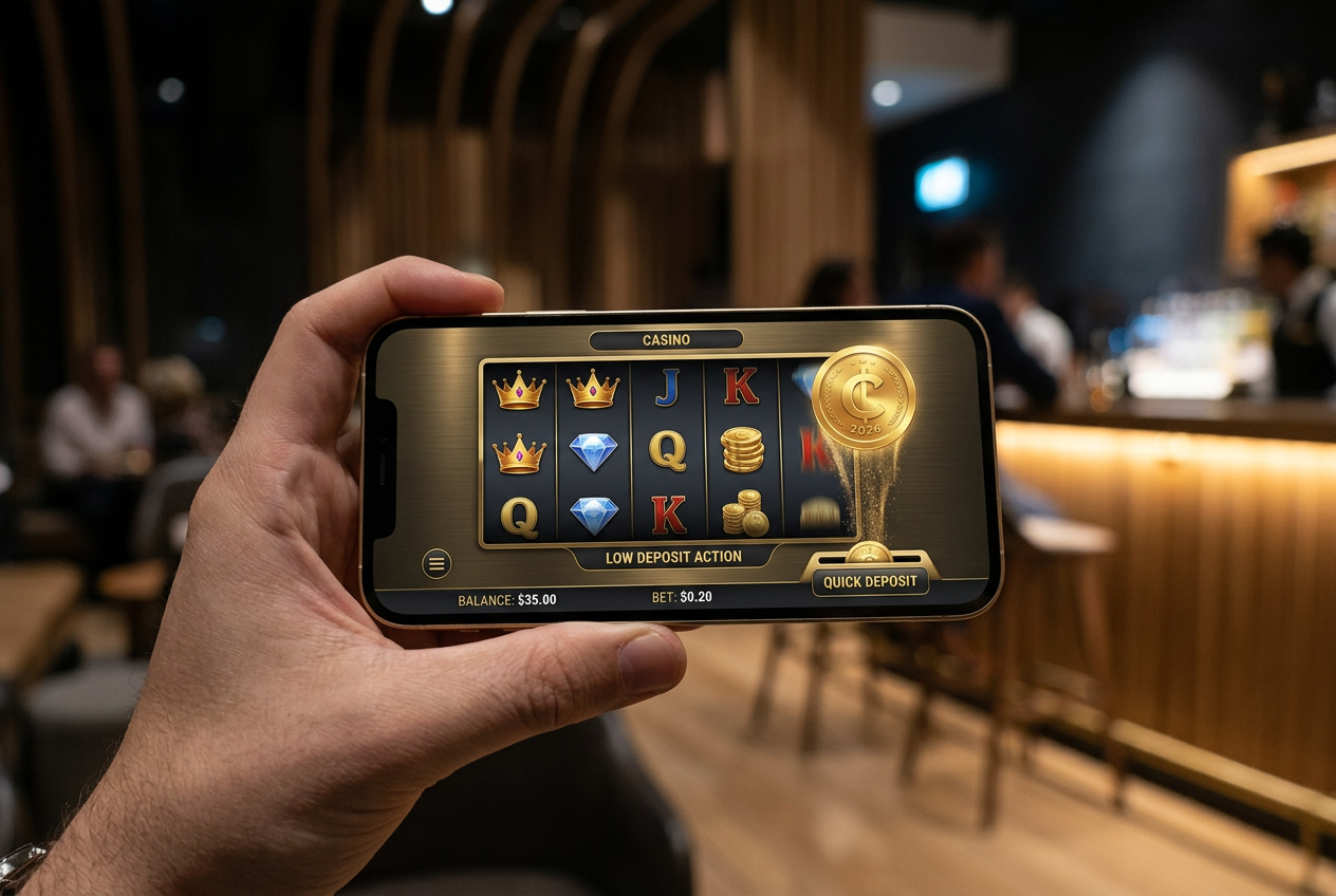 Smartphone displaying a casino app with a gold coin entering a digital slot signifying low deposit luxury interface professional gambling aesthetic