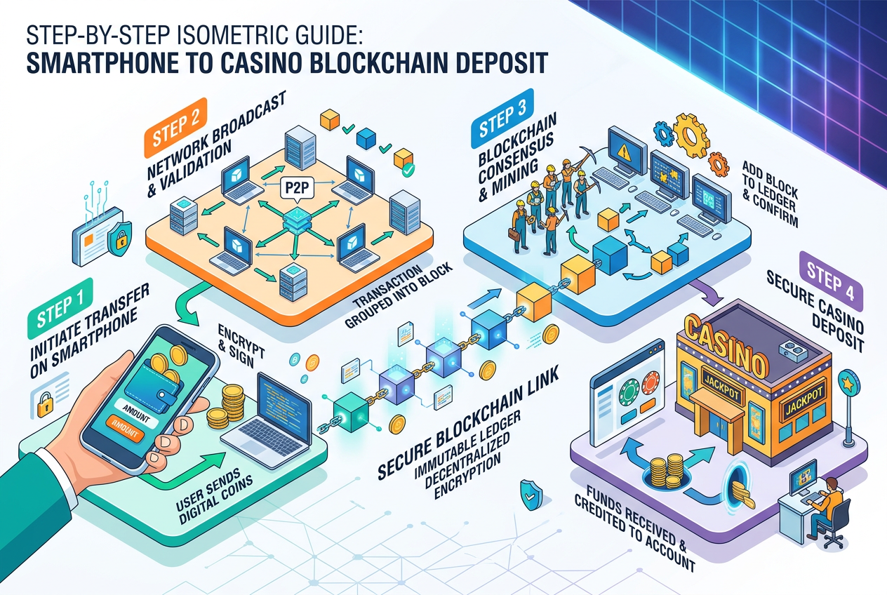 Infografika przedstawiająca bezpieczny proces depozytu kryptowalut do kasyna online